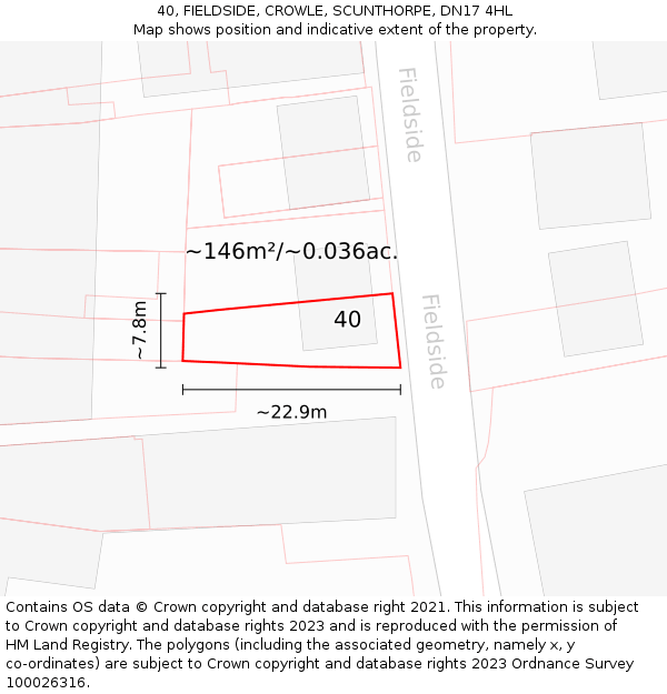 40, FIELDSIDE, CROWLE, SCUNTHORPE, DN17 4HL: Plot and title map