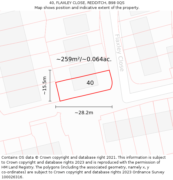 40, FLAXLEY CLOSE, REDDITCH, B98 0QS: Plot and title map