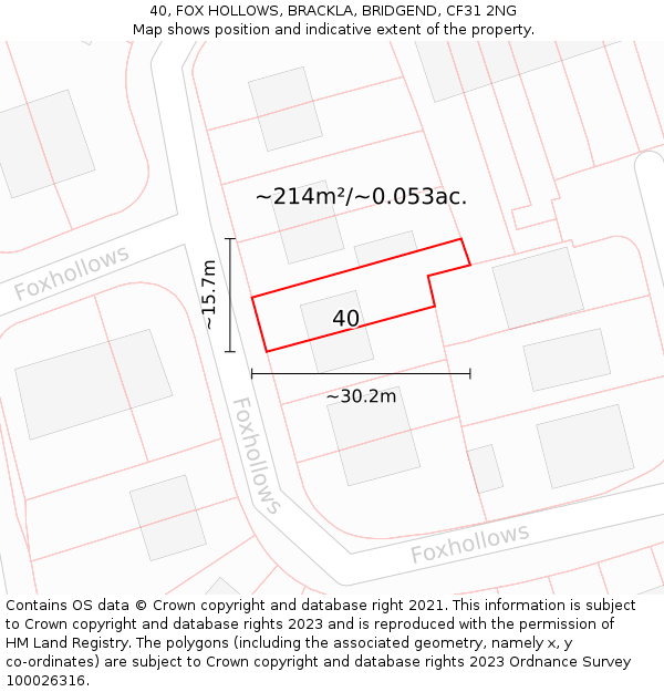 40, FOX HOLLOWS, BRACKLA, BRIDGEND, CF31 2NG: Plot and title map