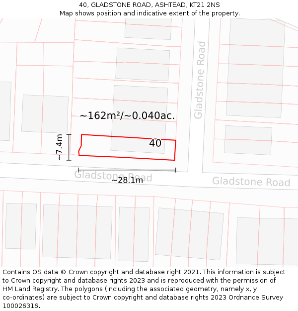 40, GLADSTONE ROAD, ASHTEAD, KT21 2NS: Plot and title map