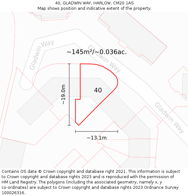 40, GLADWIN WAY, HARLOW, CM20 1AS: Plot and title map