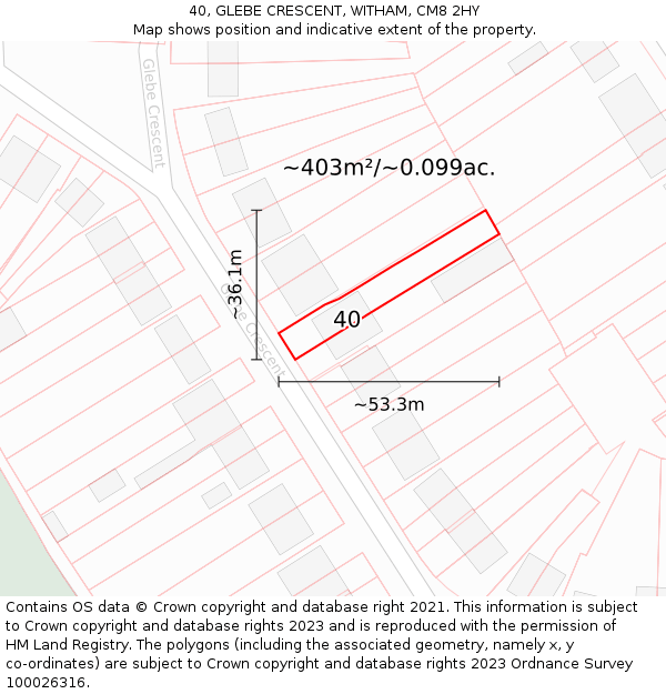 40, GLEBE CRESCENT, WITHAM, CM8 2HY: Plot and title map