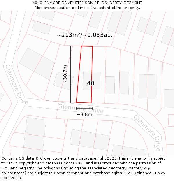 40, GLENMORE DRIVE, STENSON FIELDS, DERBY, DE24 3HT: Plot and title map