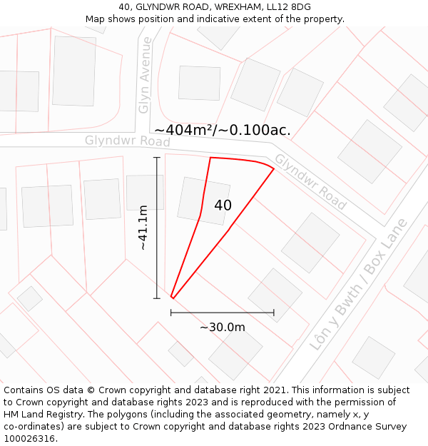 40, GLYNDWR ROAD, WREXHAM, LL12 8DG: Plot and title map