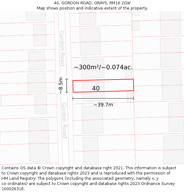 40, GORDON ROAD, GRAYS, RM16 2GW: Plot and title map