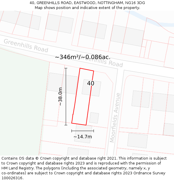40, GREENHILLS ROAD, EASTWOOD, NOTTINGHAM, NG16 3DG: Plot and title map
