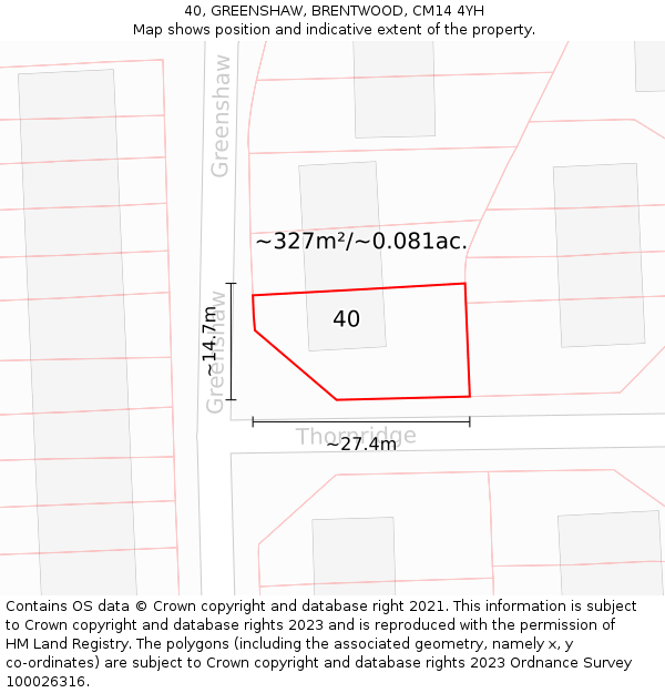 40, GREENSHAW, BRENTWOOD, CM14 4YH: Plot and title map