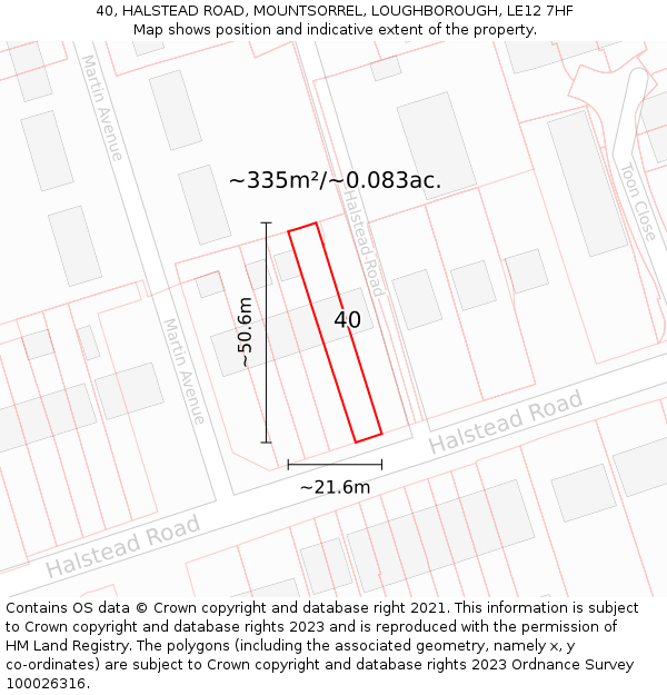 40, HALSTEAD ROAD, MOUNTSORREL, LOUGHBOROUGH, LE12 7HF: Plot and title map