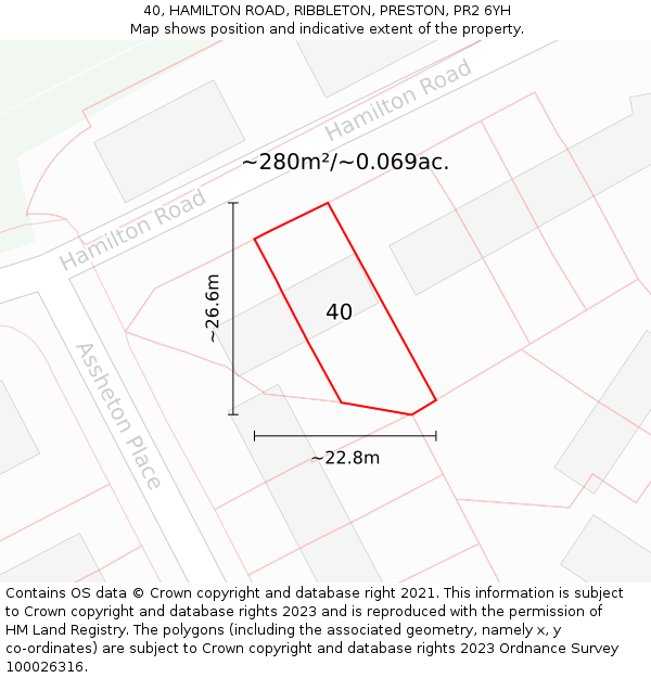 40, HAMILTON ROAD, RIBBLETON, PRESTON, PR2 6YH: Plot and title map