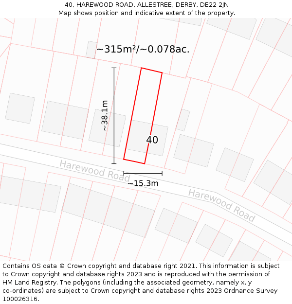 40, HAREWOOD ROAD, ALLESTREE, DERBY, DE22 2JN: Plot and title map