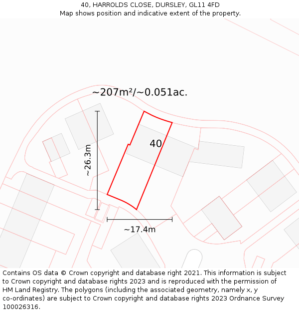 40, HARROLDS CLOSE, DURSLEY, GL11 4FD: Plot and title map