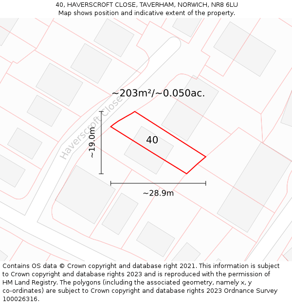 40, HAVERSCROFT CLOSE, TAVERHAM, NORWICH, NR8 6LU: Plot and title map