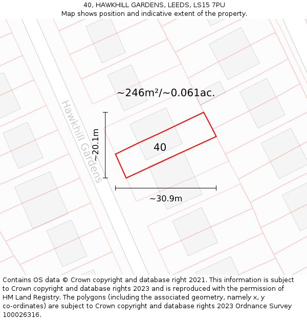 40, HAWKHILL GARDENS, LEEDS, LS15 7PU: Plot and title map