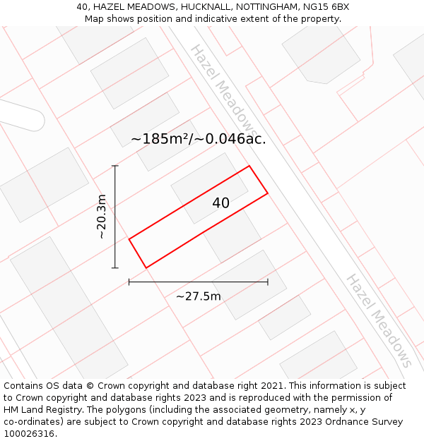 40, HAZEL MEADOWS, HUCKNALL, NOTTINGHAM, NG15 6BX: Plot and title map