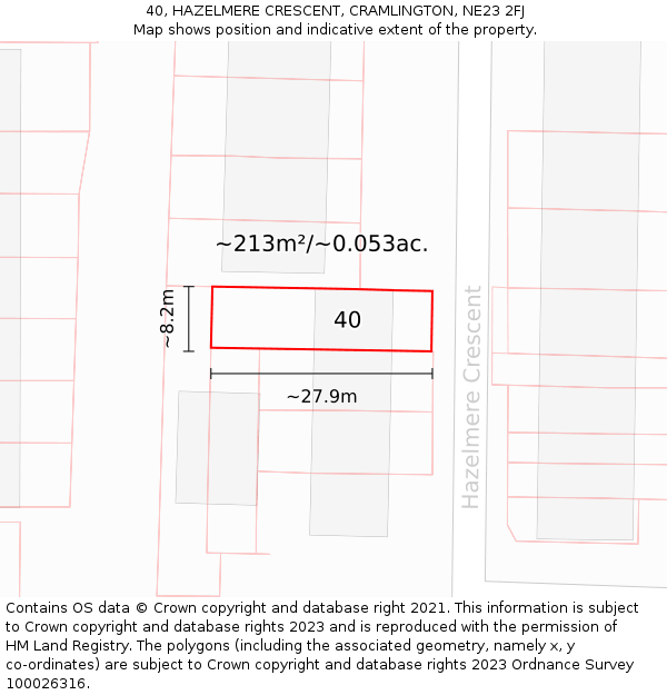 40, HAZELMERE CRESCENT, CRAMLINGTON, NE23 2FJ: Plot and title map
