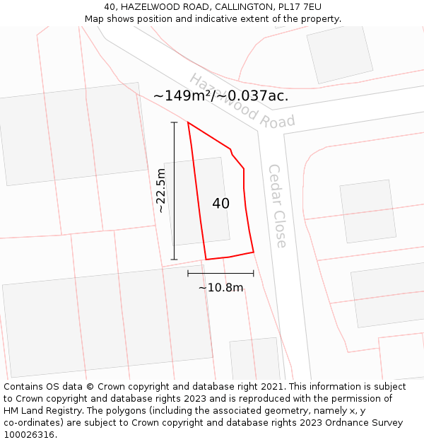 40, HAZELWOOD ROAD, CALLINGTON, PL17 7EU: Plot and title map
