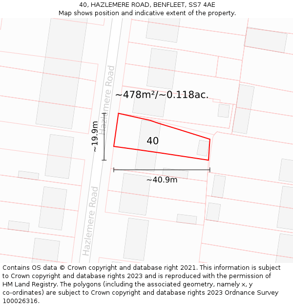 40, HAZLEMERE ROAD, BENFLEET, SS7 4AE: Plot and title map