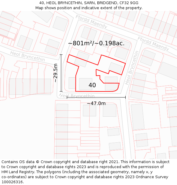 40, HEOL BRYNCETHIN, SARN, BRIDGEND, CF32 9GG: Plot and title map
