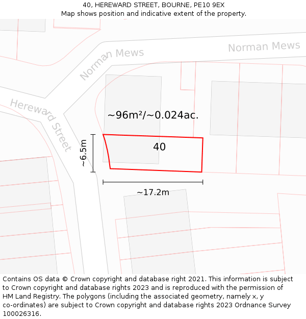 40, HEREWARD STREET, BOURNE, PE10 9EX: Plot and title map