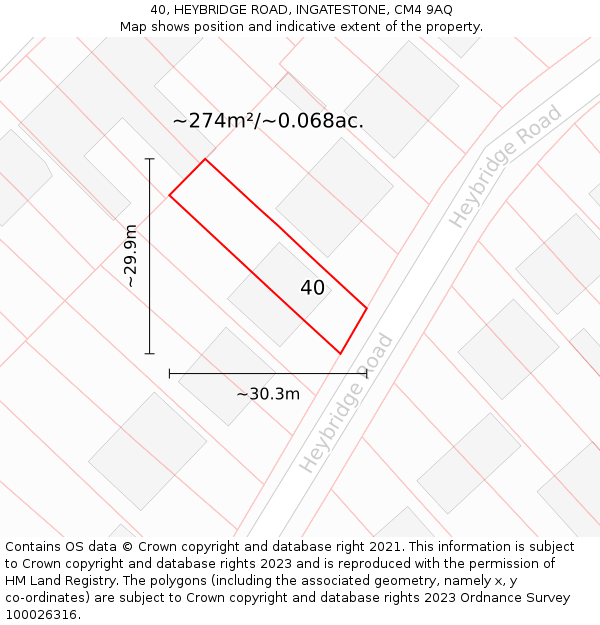 40, HEYBRIDGE ROAD, INGATESTONE, CM4 9AQ: Plot and title map