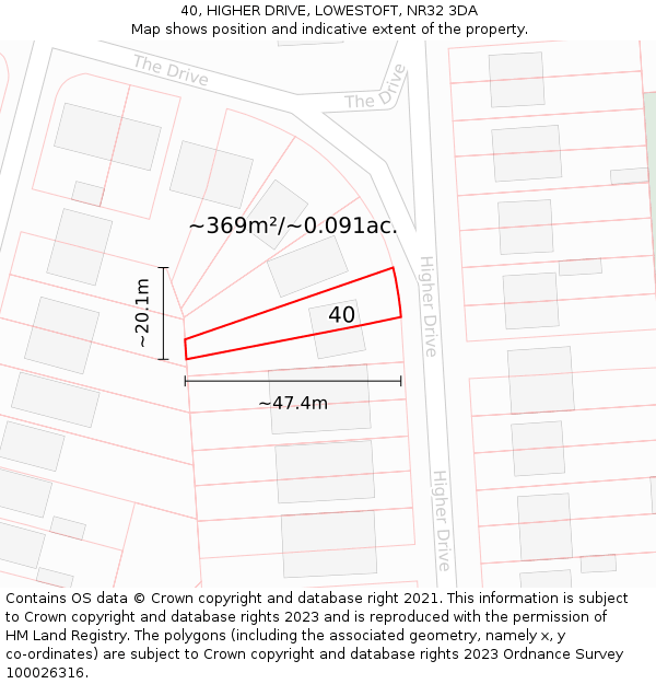 40, HIGHER DRIVE, LOWESTOFT, NR32 3DA: Plot and title map