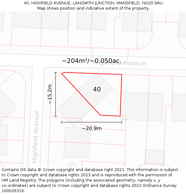 40, HIGHFIELD AVENUE, LANGWITH JUNCTION, MANSFIELD, NG20 9AU: Plot and title map