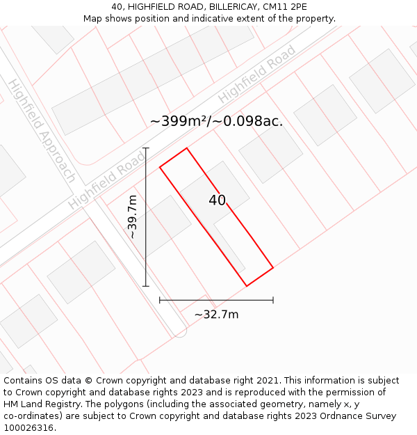 40, HIGHFIELD ROAD, BILLERICAY, CM11 2PE: Plot and title map