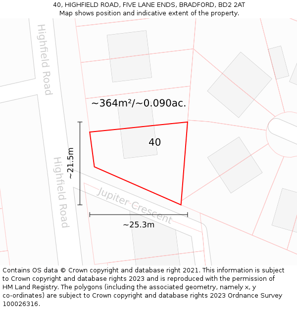 40, HIGHFIELD ROAD, FIVE LANE ENDS, BRADFORD, BD2 2AT: Plot and title map
