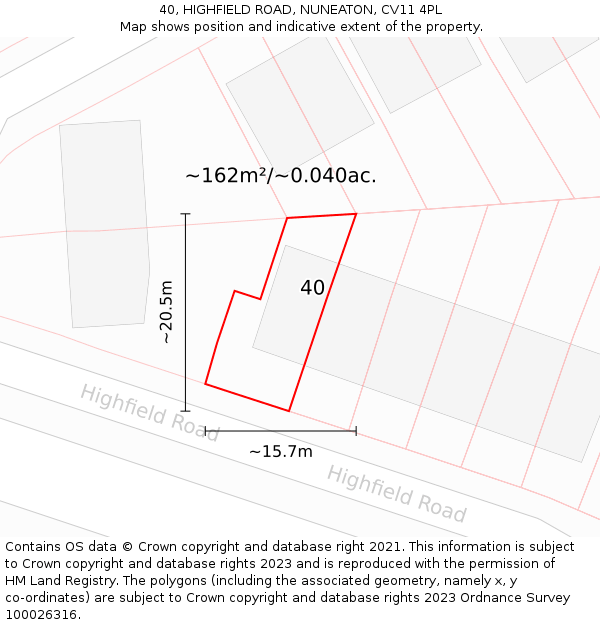 40, HIGHFIELD ROAD, NUNEATON, CV11 4PL: Plot and title map
