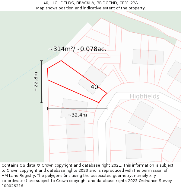 40, HIGHFIELDS, BRACKLA, BRIDGEND, CF31 2PA: Plot and title map