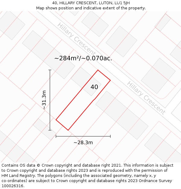 40, HILLARY CRESCENT, LUTON, LU1 5JH: Plot and title map