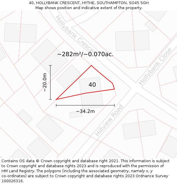 40, HOLLYBANK CRESCENT, HYTHE, SOUTHAMPTON, SO45 5GH: Plot and title map