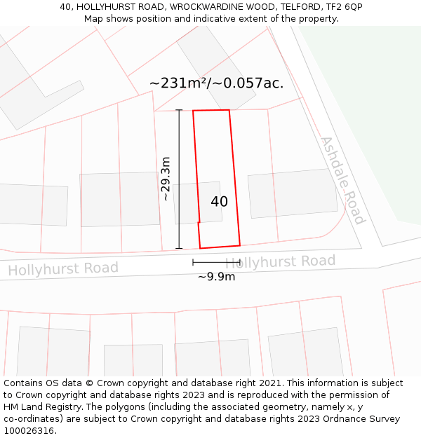 40, HOLLYHURST ROAD, WROCKWARDINE WOOD, TELFORD, TF2 6QP: Plot and title map