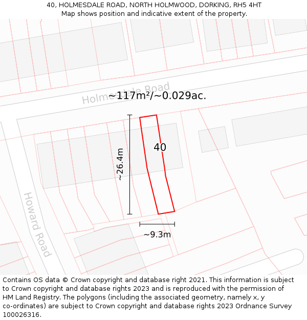 40, HOLMESDALE ROAD, NORTH HOLMWOOD, DORKING, RH5 4HT: Plot and title map