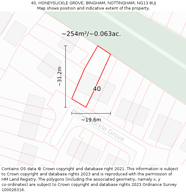 40, HONEYSUCKLE GROVE, BINGHAM, NOTTINGHAM, NG13 8UJ: Plot and title map