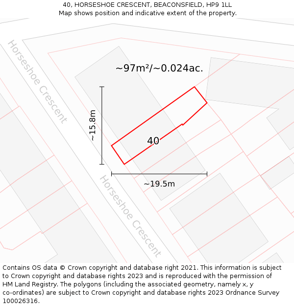 40, HORSESHOE CRESCENT, BEACONSFIELD, HP9 1LL: Plot and title map