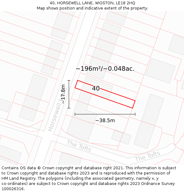 40, HORSEWELL LANE, WIGSTON, LE18 2HQ: Plot and title map