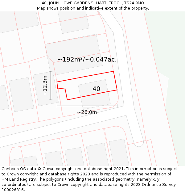 40, JOHN HOWE GARDENS, HARTLEPOOL, TS24 9NQ: Plot and title map