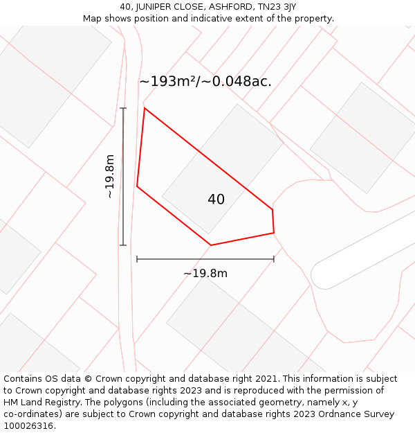 40, JUNIPER CLOSE, ASHFORD, TN23 3JY: Plot and title map