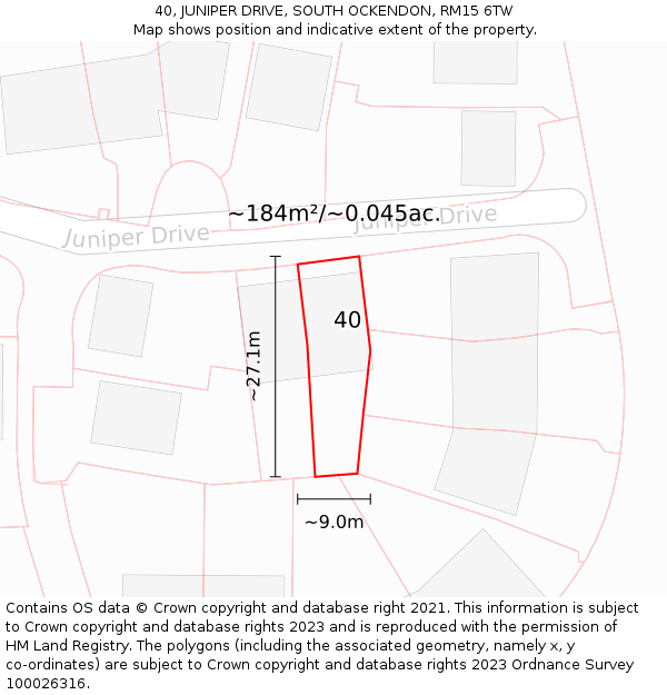 40, JUNIPER DRIVE, SOUTH OCKENDON, RM15 6TW: Plot and title map