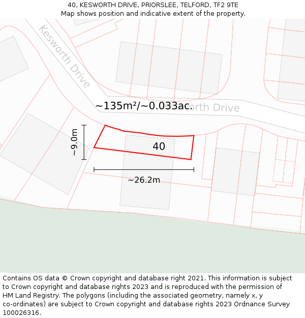 40, KESWORTH DRIVE, PRIORSLEE, TELFORD, TF2 9TE: Plot and title map