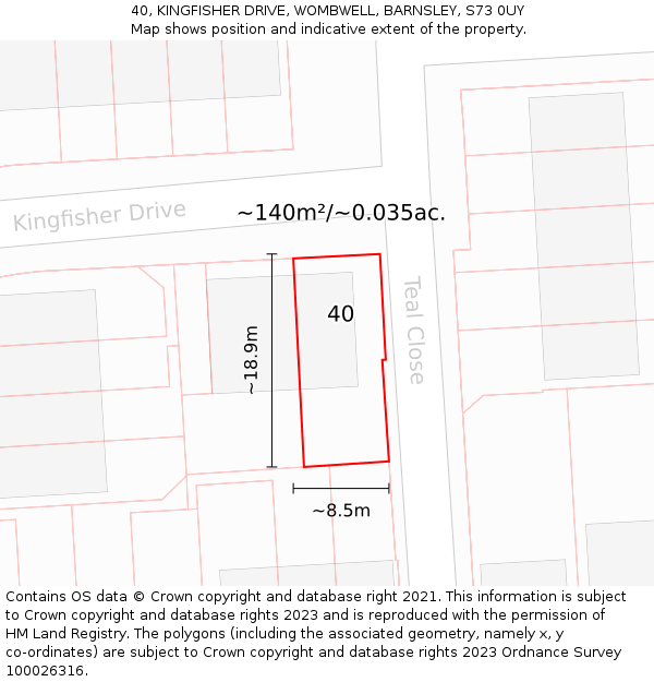 40, KINGFISHER DRIVE, WOMBWELL, BARNSLEY, S73 0UY: Plot and title map