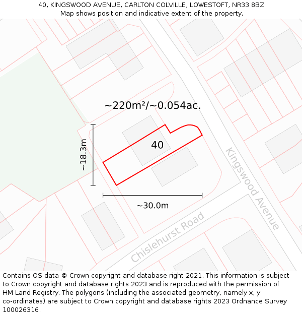 40, KINGSWOOD AVENUE, CARLTON COLVILLE, LOWESTOFT, NR33 8BZ: Plot and title map
