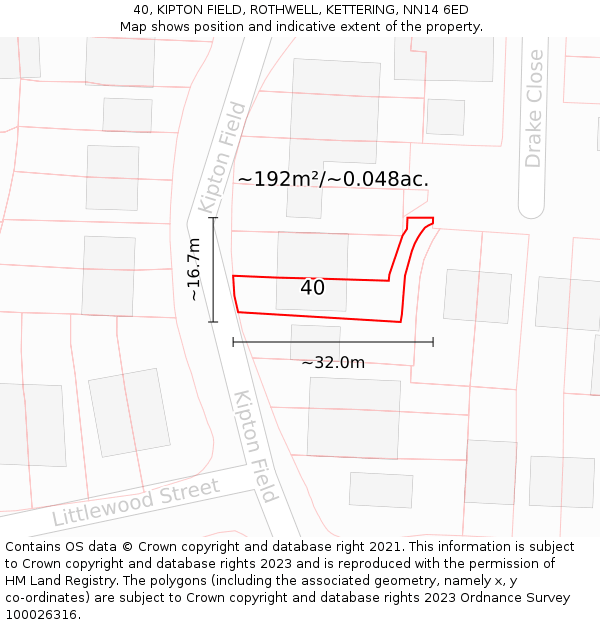 40, KIPTON FIELD, ROTHWELL, KETTERING, NN14 6ED: Plot and title map
