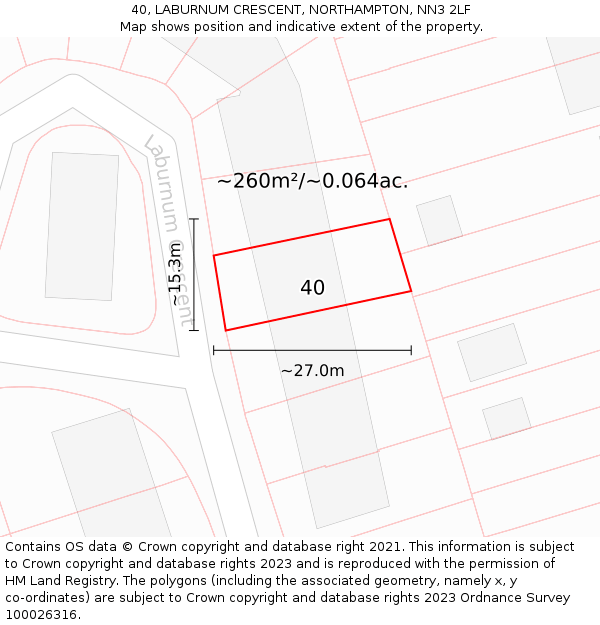 40, LABURNUM CRESCENT, NORTHAMPTON, NN3 2LF: Plot and title map