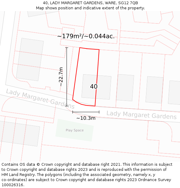 40, LADY MARGARET GARDENS, WARE, SG12 7QB: Plot and title map