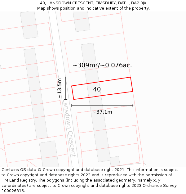 40, LANSDOWN CRESCENT, TIMSBURY, BATH, BA2 0JX: Plot and title map