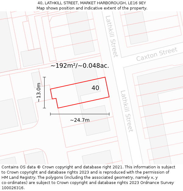40, LATHKILL STREET, MARKET HARBOROUGH, LE16 9EY: Plot and title map