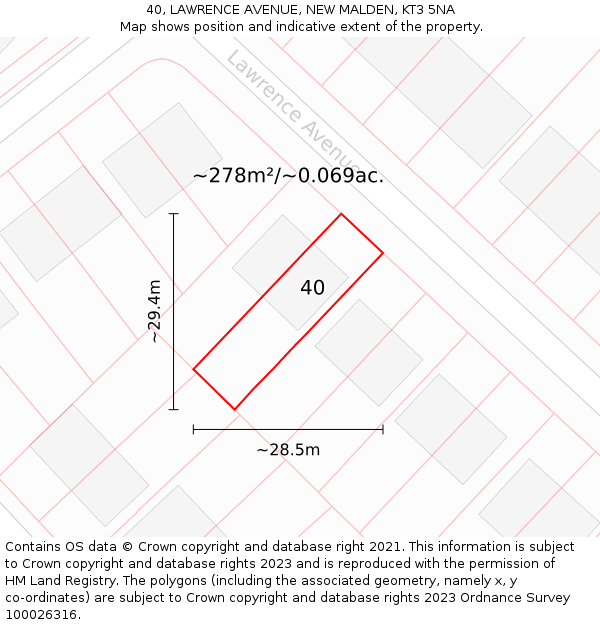 40, LAWRENCE AVENUE, NEW MALDEN, KT3 5NA: Plot and title map