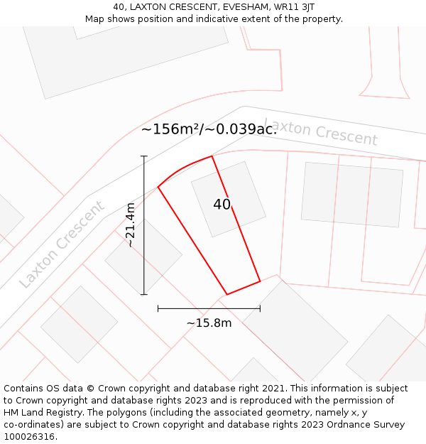40, LAXTON CRESCENT, EVESHAM, WR11 3JT: Plot and title map